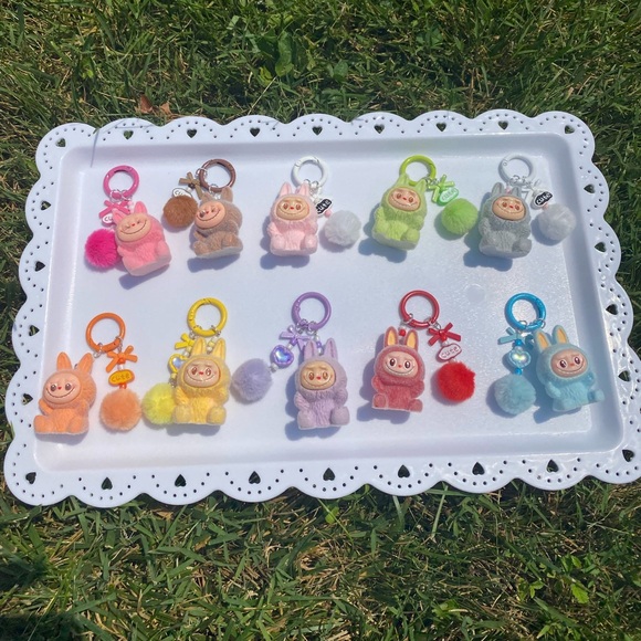 10PCs Mini Labubu Keychain Pom-pom.Fuzzy Colorful Animal Key Ring Set for Party - Picture 3 of 17